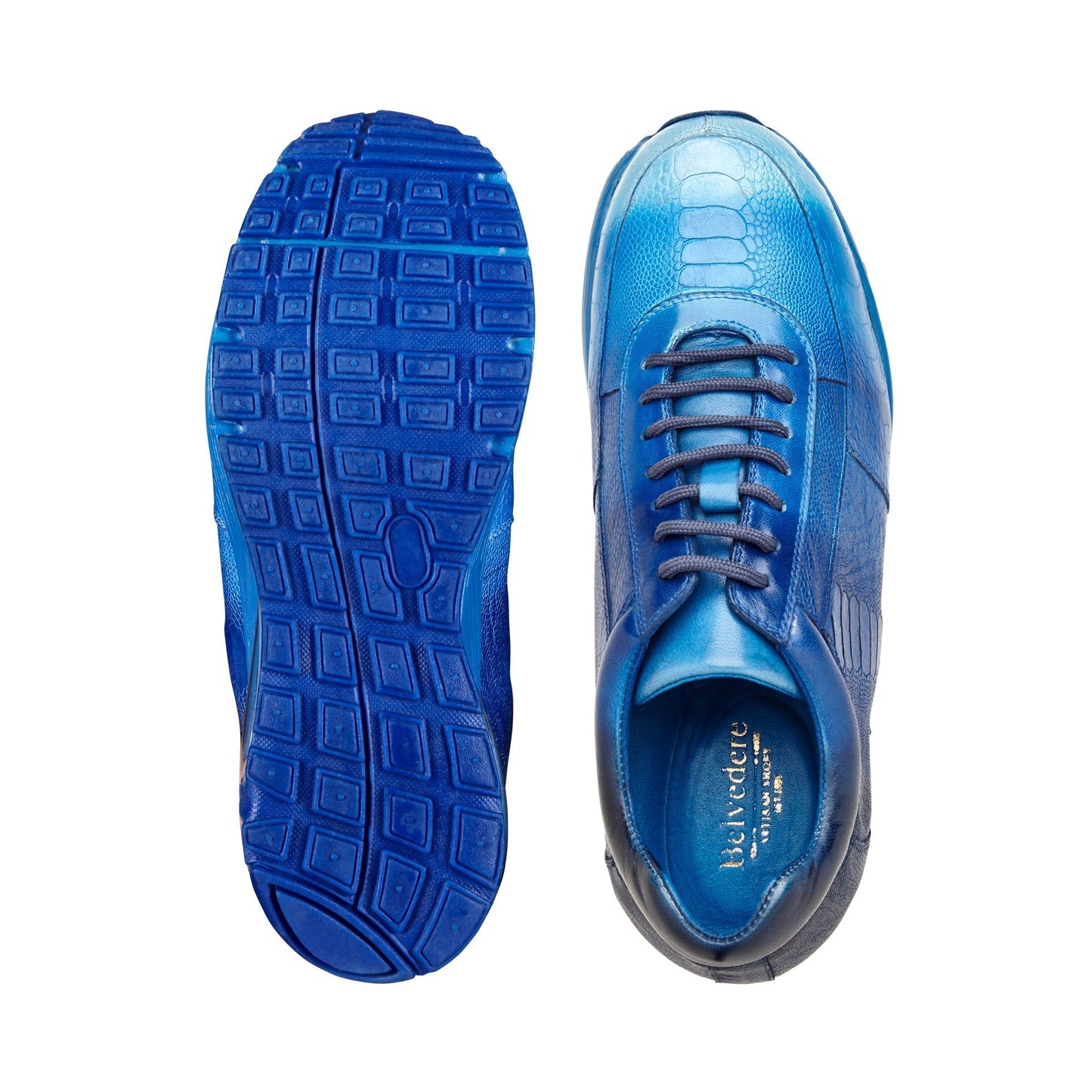 Belvedere George E16 Men's Shoes Blue Cobalt Exotic Ostrich Leg Lace-Up Casual Sneakers (BV3122)-AmbrogioShoes