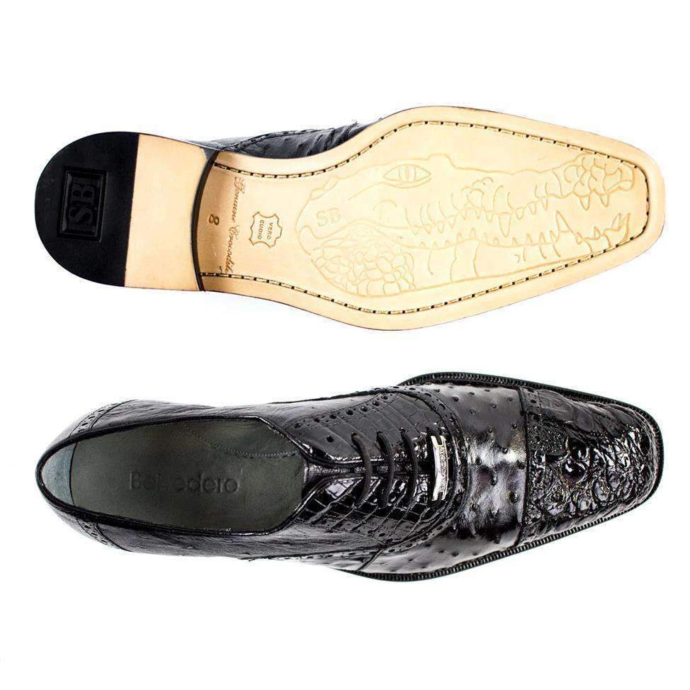 Belvedere Mens Black Genuine Ostrich and Crocodile Oxfords 1419 (BV2175)-AmbrogioShoes