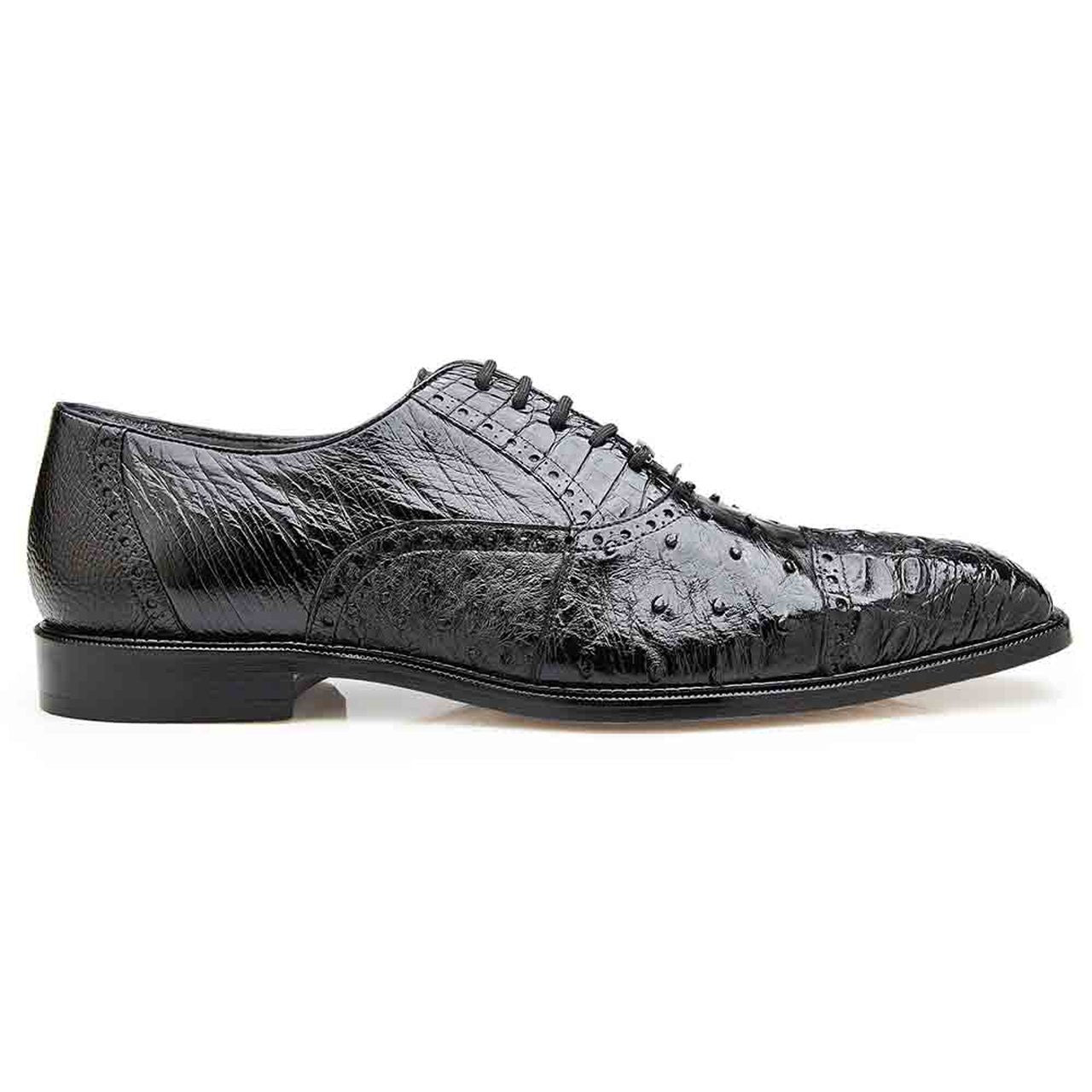 Belvedere Onesto II Mens Black Genuine Ostrich and Crocodile Oxfords 1419-BLK-AmbrogioShoes