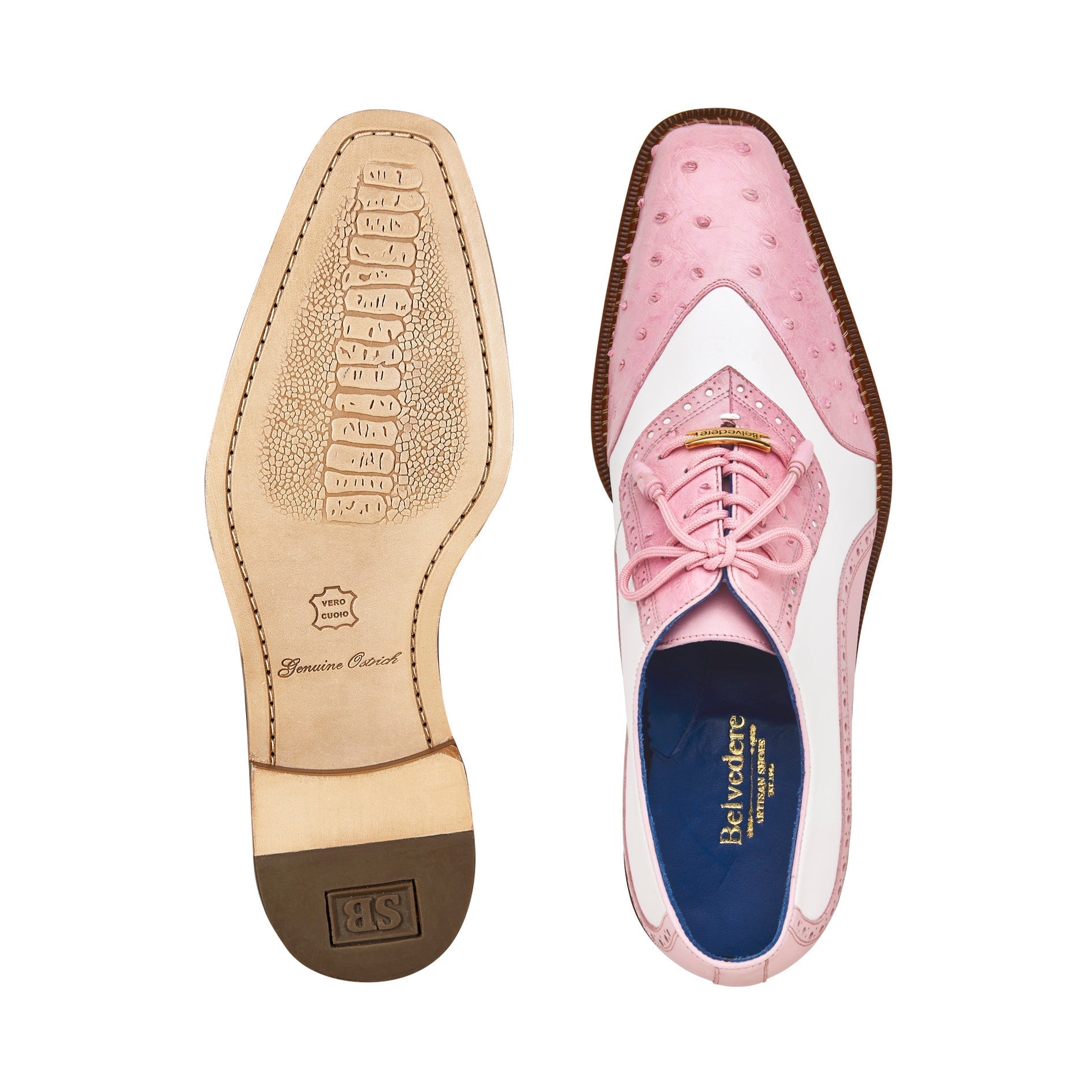 Belvedere Sesto R54 Shoes Men's Pink & White Genuine Ostrich / Calf-Skin Leather Oxfords (BV3111)-AmbrogioShoes