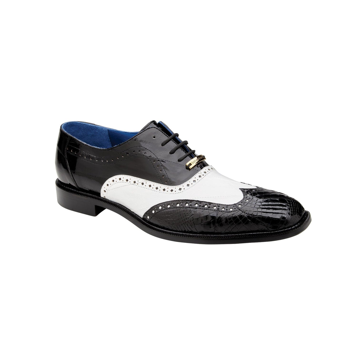 Belvedere Varo R49 Men's Shoes Black & White Exotic Alligator / Eel Skin Wingtip Oxfords (BV3113)-AmbrogioShoes