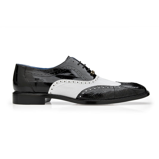 Belvedere Varo R49 Men's Shoes Black & White Exotic Alligator / Eel Skin Wingtip Oxfords (BV3113)-AmbrogioShoes