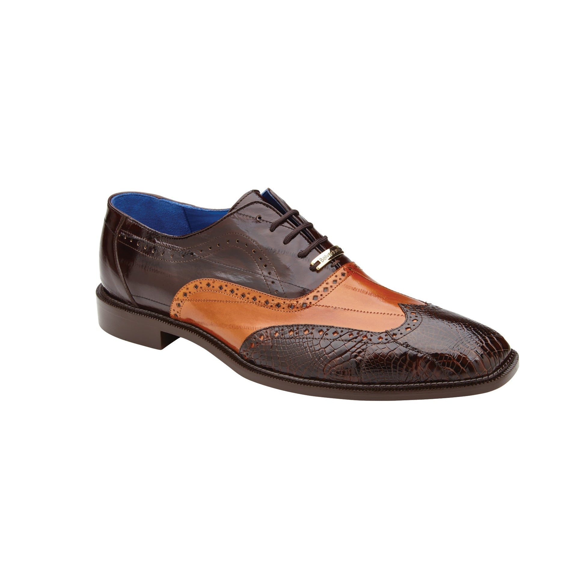 Belvedere Varo R49 Men's Shoes Chocolate & Tan Exotic Alligator / Eel Skin Wingtip Oxfords (BV3114)-AmbrogioShoes